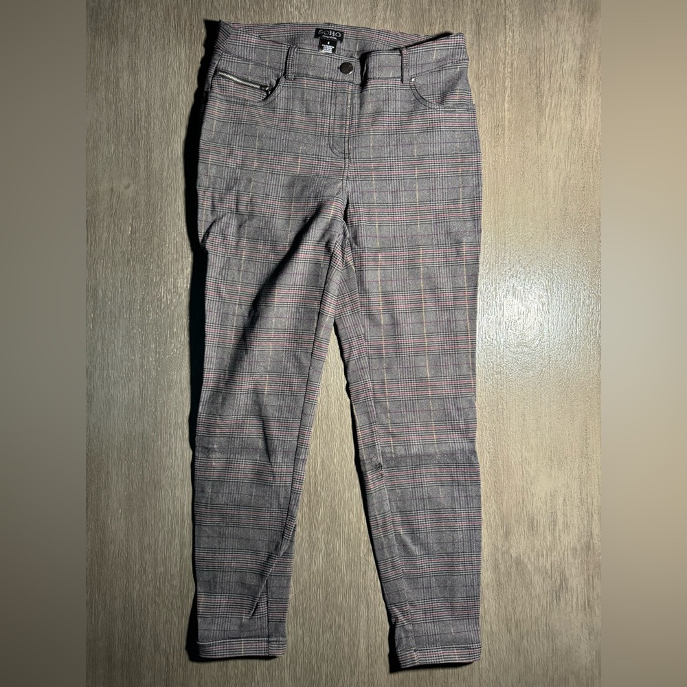 Grey Red Plaid Print Skinny Mom Jean Fit Pants Trousers 6